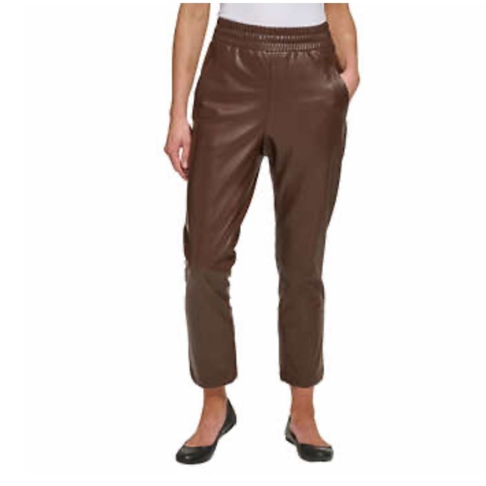 New DKNY Brown Faux Vegan Leather Cropped Pull On Ankle Pants Size Medium bin 3F